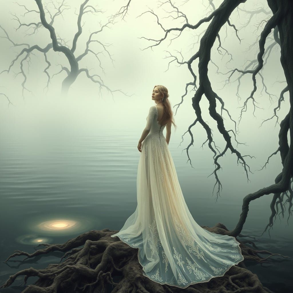 Surreal Woman Stands at the Edge of an Enchanted Lake in a D...