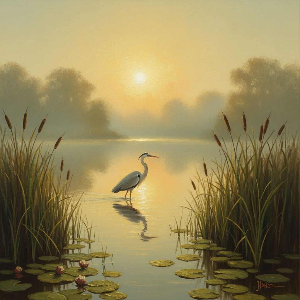 Serene English Lake at Dawn with Heron, Constable & Turner S...