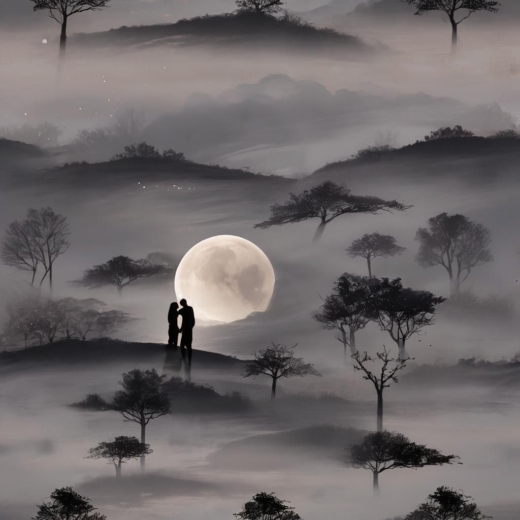 Romantic Couple Under Moonlight Landscape