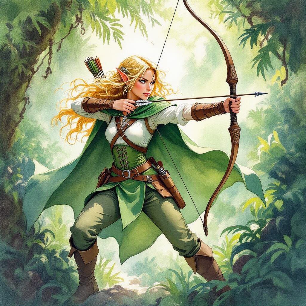 Elf Archer in Tropical Forest Watercolor Painting