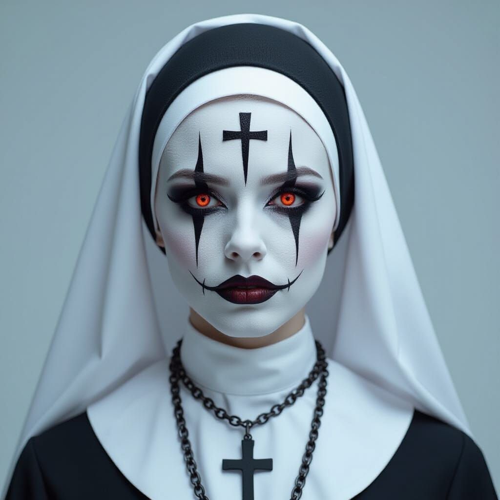 Creepy Nun with Theatrical Makeup and Gothic Horror Elements