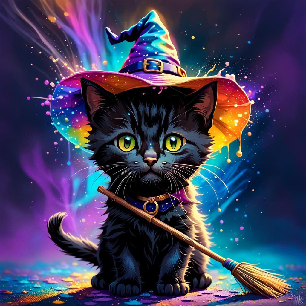 Black Kitten Witch Portrait in Splash Art Style