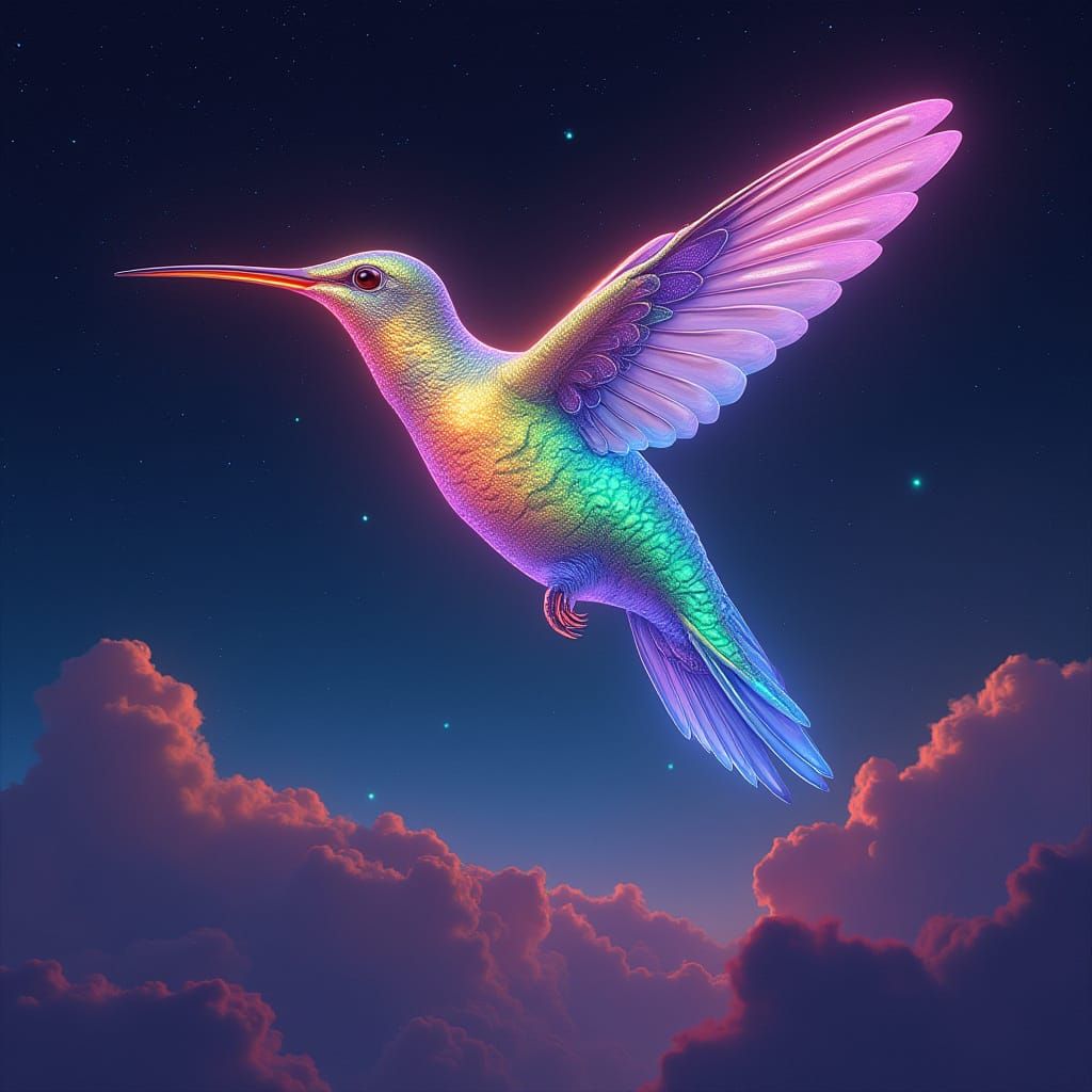 Iridescent Hummingbirds Soaring Through Starry Skies