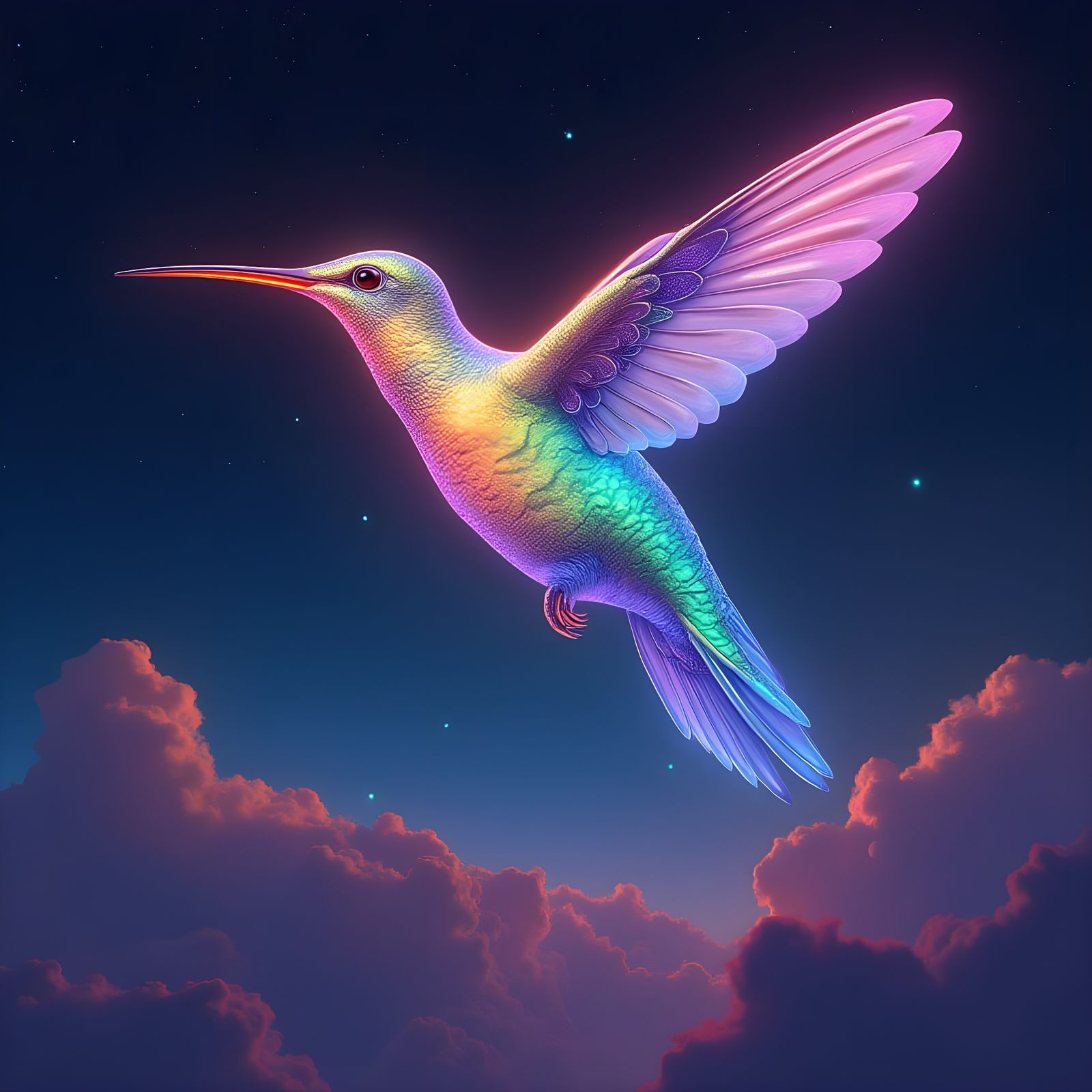 Iridescent Hummingbirds Soaring Through Starry Skies