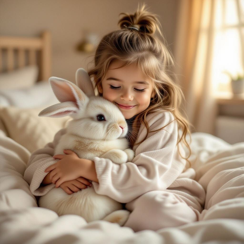 Girl Hugs Rabbit in Golden Light Bedroom Photo