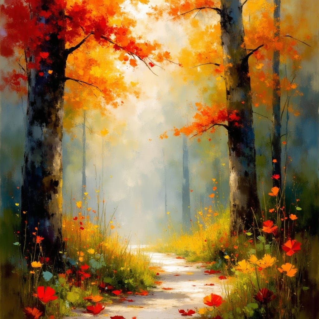 Ethereal Autumn Woodland With Falling Leaves