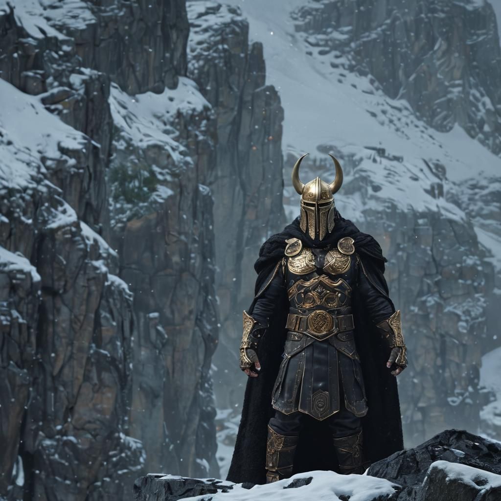 Odin Overlooking Snowy Fjord in Dark Fantasy Style
