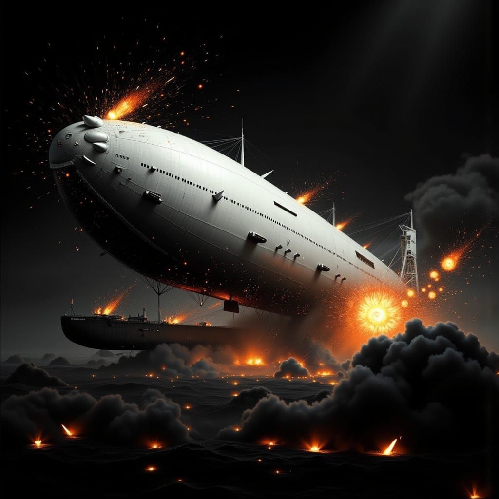 Fiery Hindenburg Airship Disaster in Retro-Futuristic Style