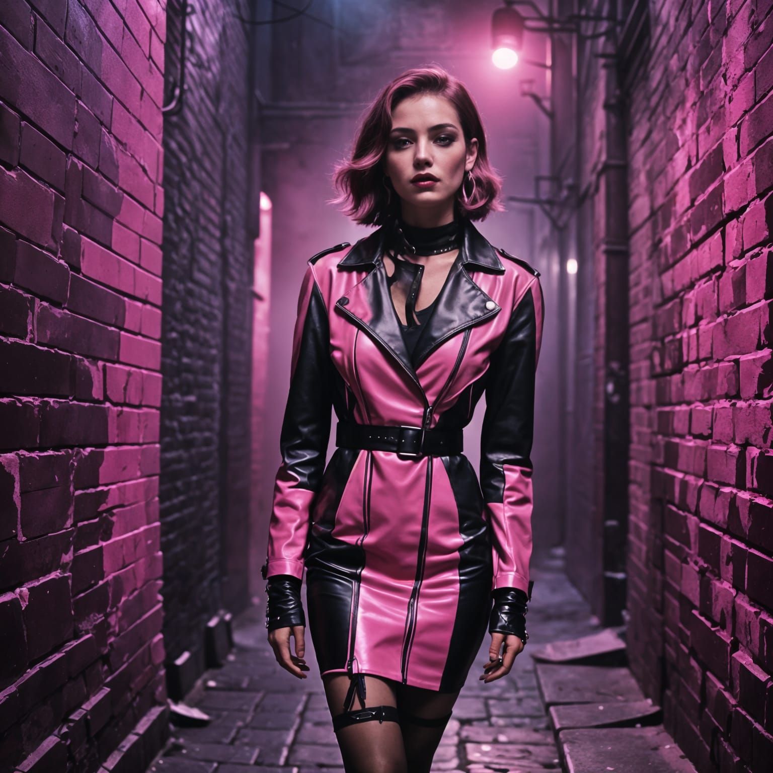 Woman in Pink Leather Dress, 80s Punk Style