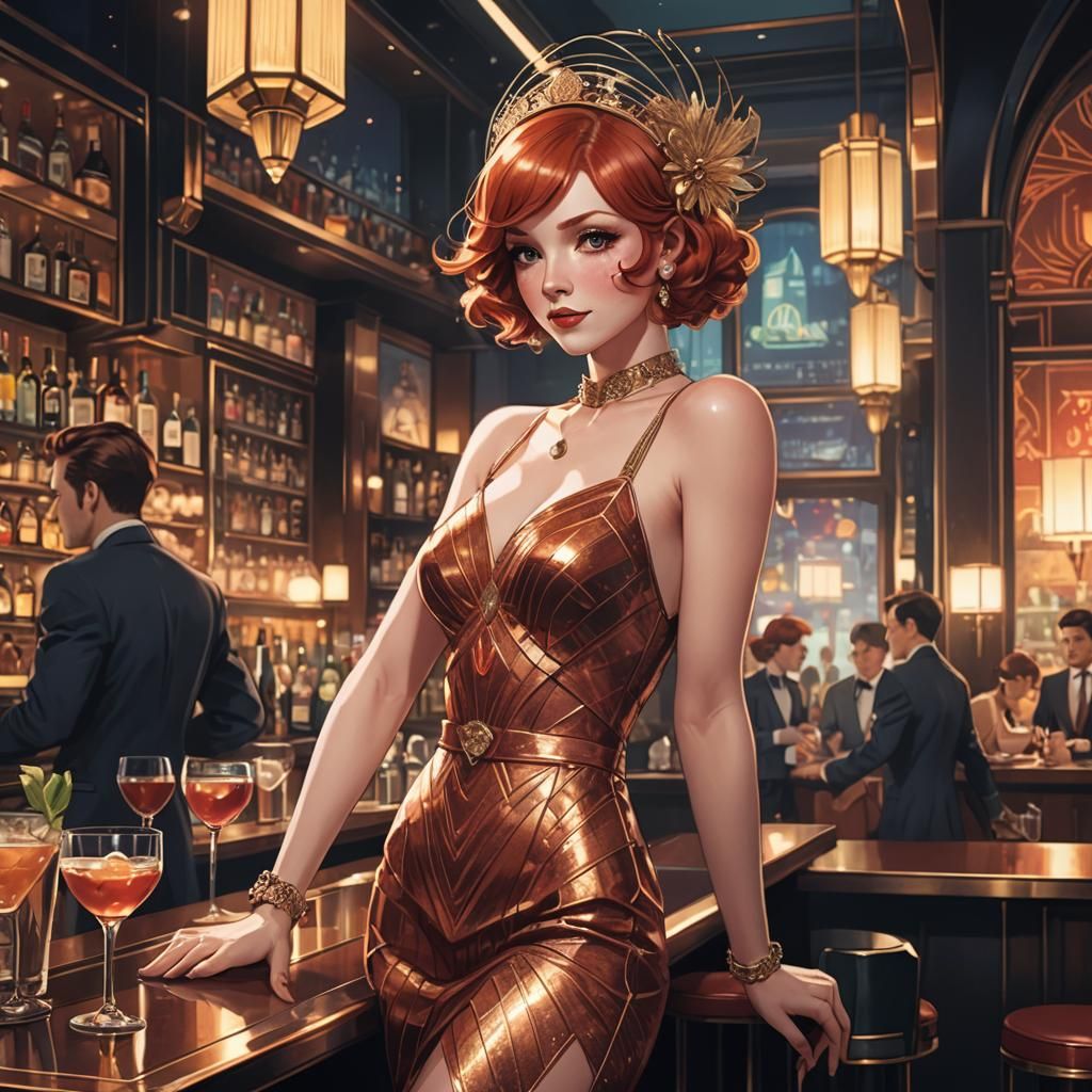 beautiful redhead lady, dress, art deco bar, new york, cocktails, small headpiece, full length