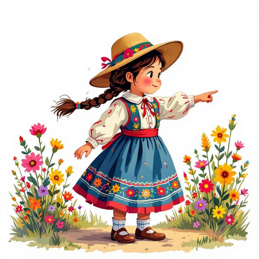 Girl in Traditional Sierra Clothes Pointing Right in Vibrant...