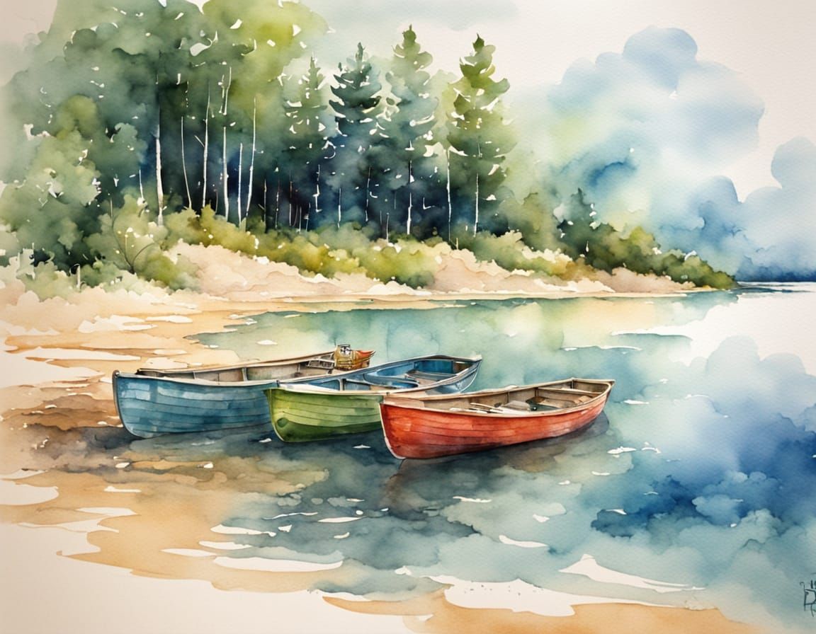 Watercolor Beach Scene at the Lake