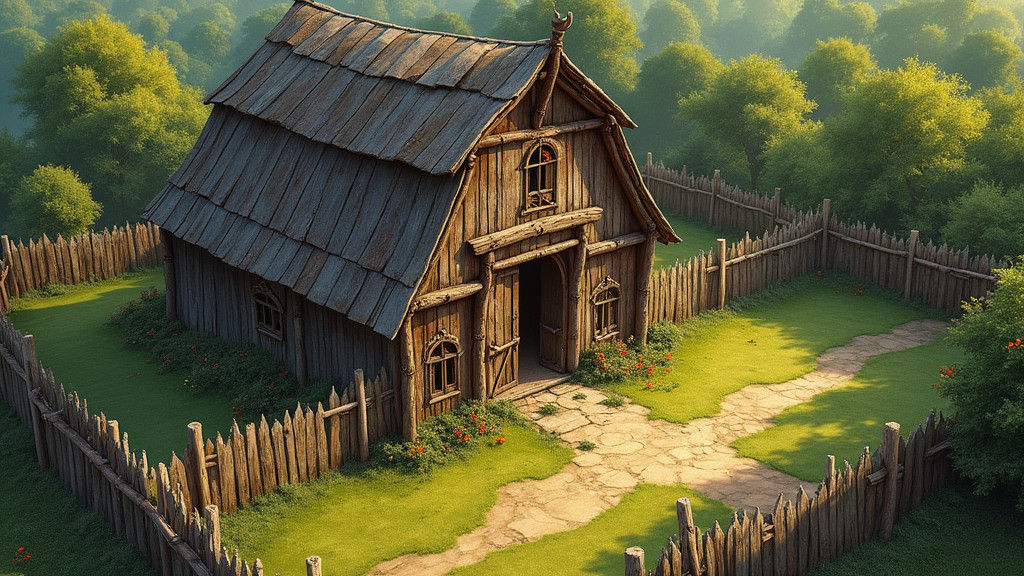 Medieval Barn Isometric View in Folk Art Style