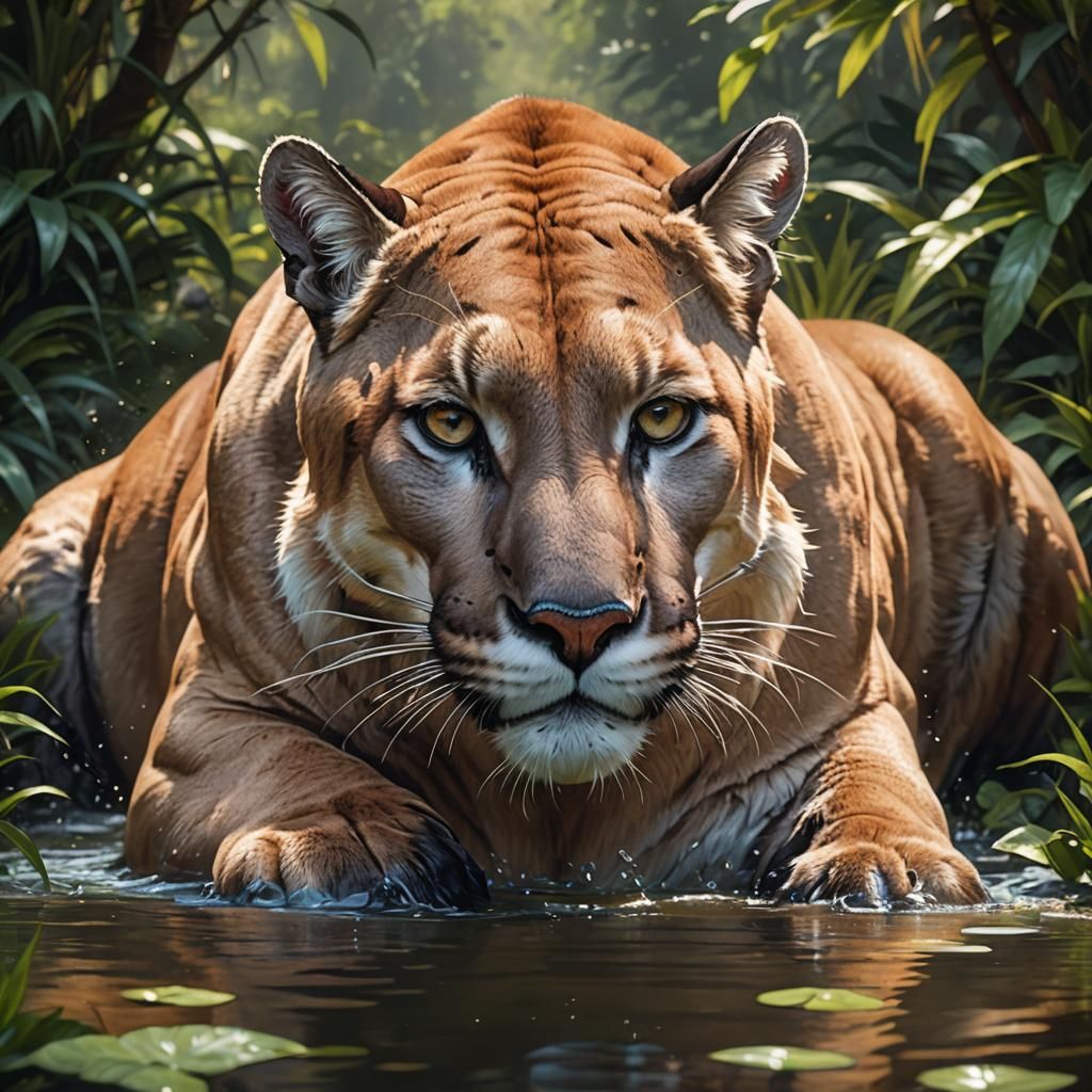 Cougar at Watering Hole in Hyperrealistic Style