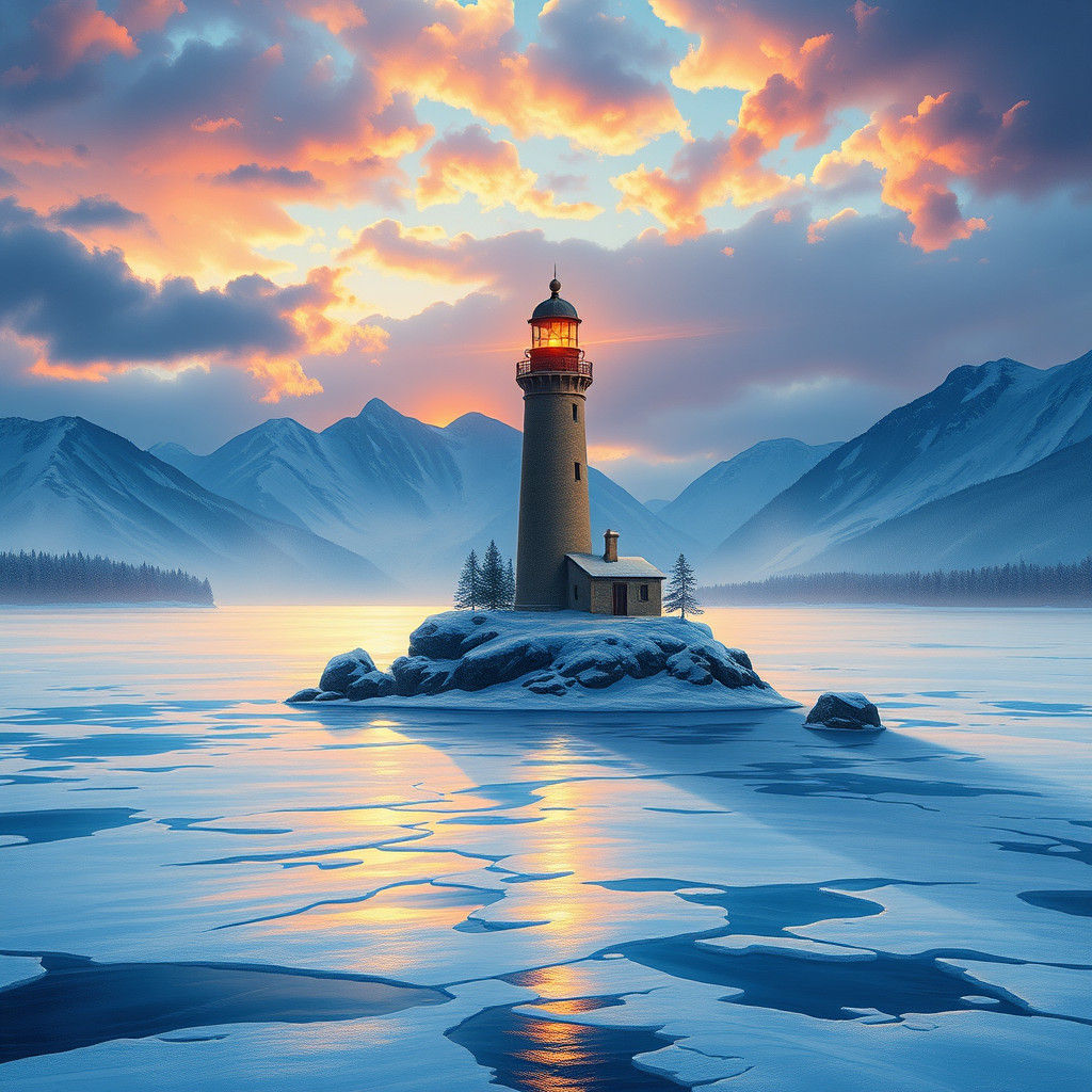 Lighthouse on Frozen Lake: Gouache Style Digital Painting