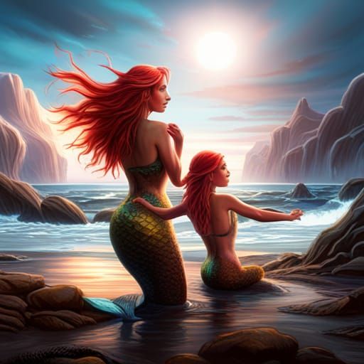 Mother and Daughter Mermaids in Detailed Digital Painting