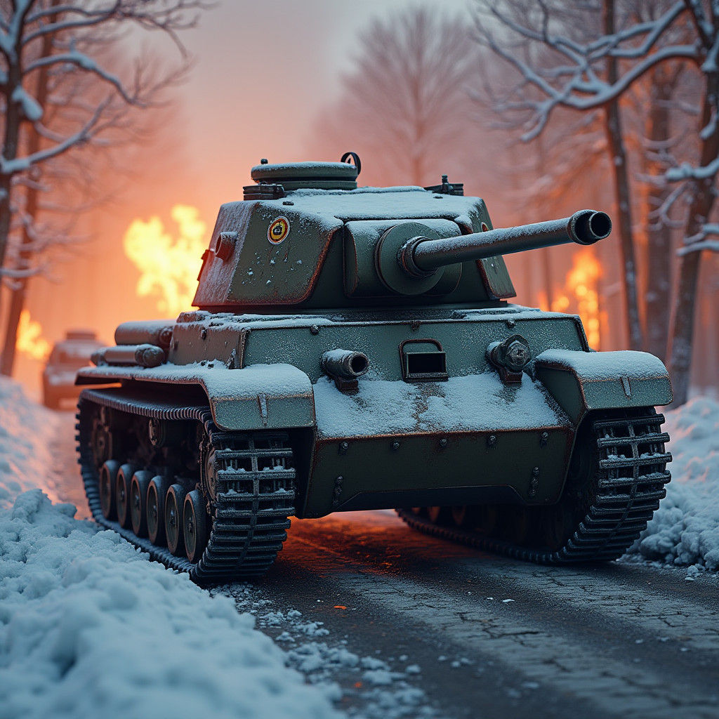 Soviet T-34 Tank on Winter Road in Matte Painting Style