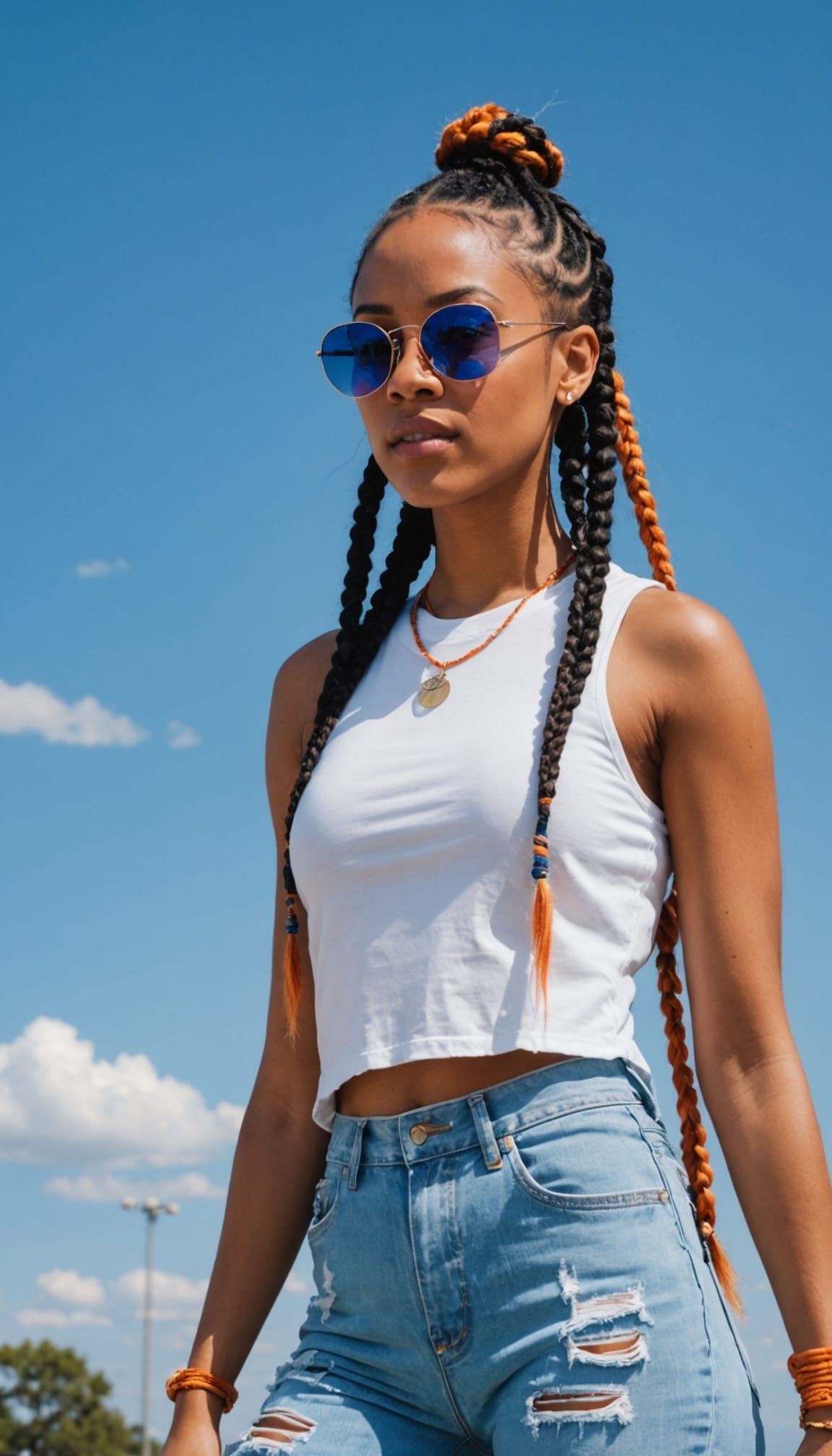 Woman in Graphic Top and Ripped Jeans Outdoors