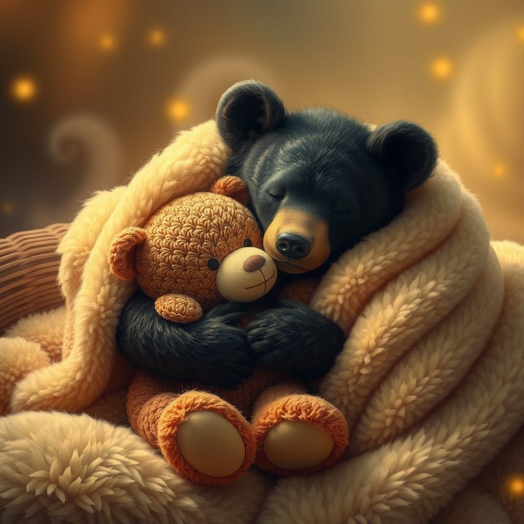 Sleeping Bear Snuggled with Teddy in Dreamy Light