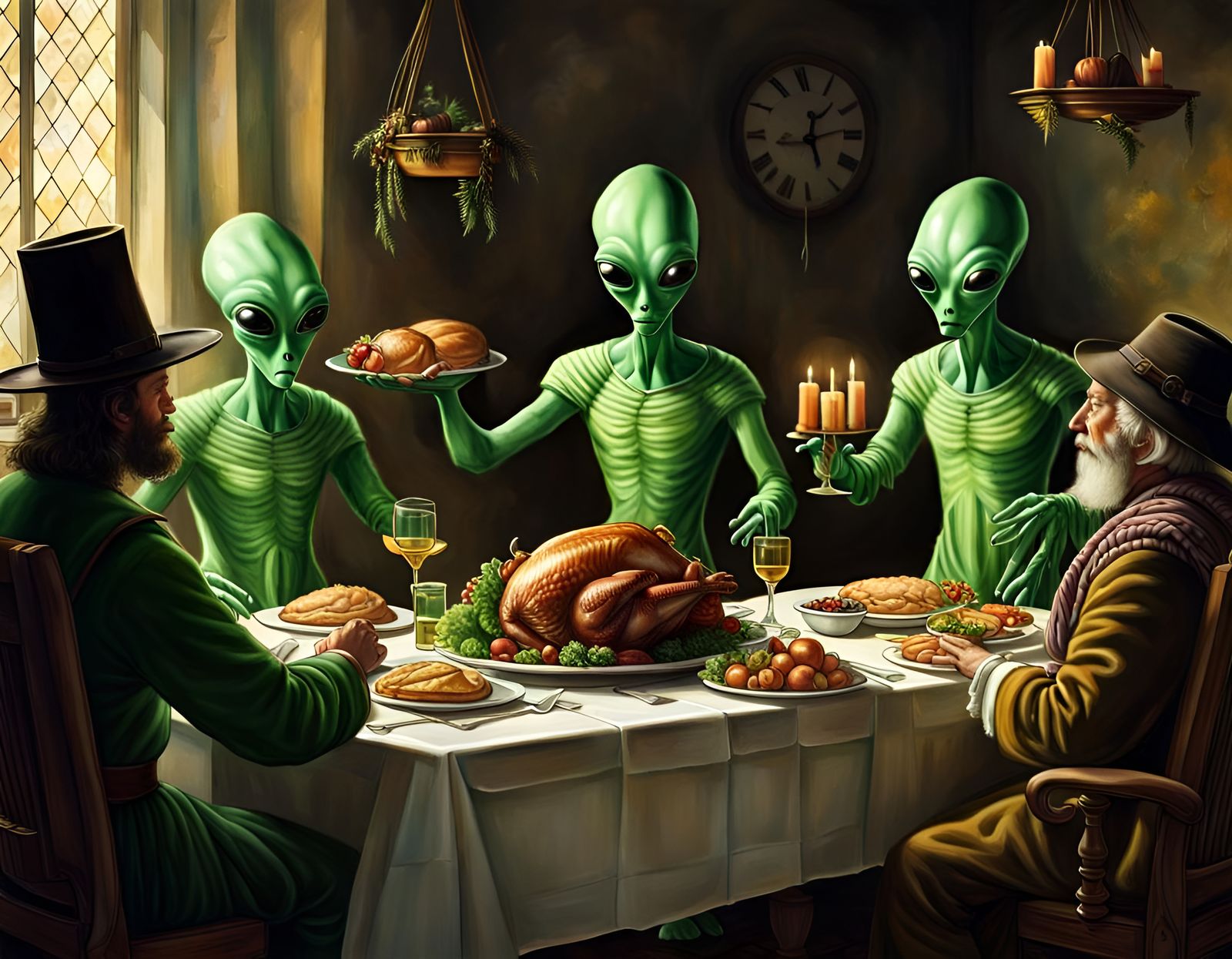 Aliens Offer Thanksgiving Turkey to Pilgrims