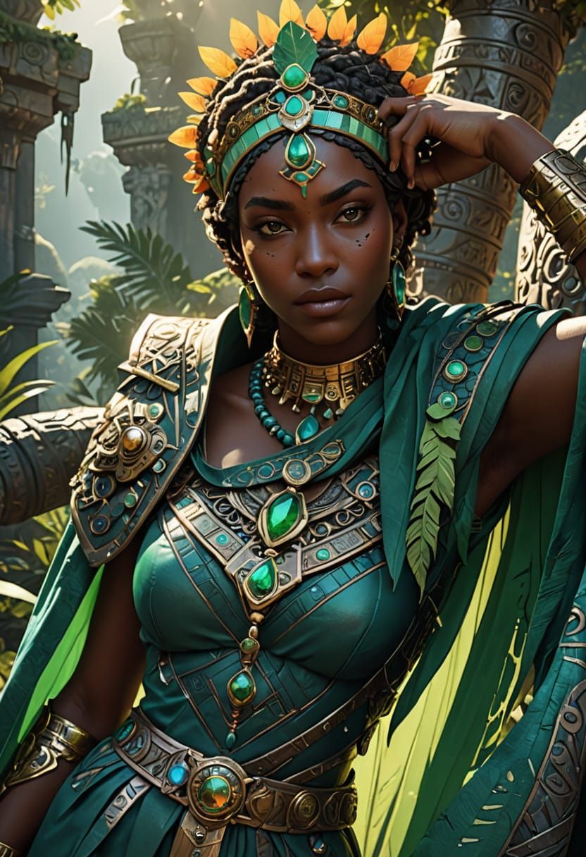 Regal Mesoamerican Queen in Vibrant, Hyper-Detailed Fantasy....