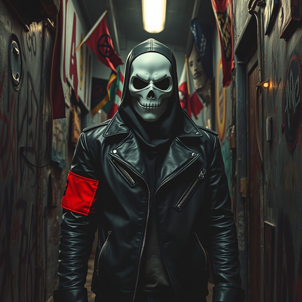 Masked Figure in Gritty Alleyway, Industrial Aesthetic