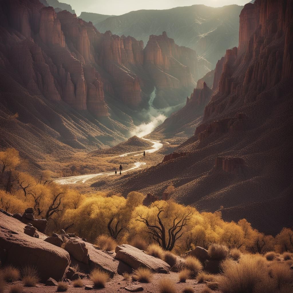 Dramatic Steam Canyon Valley Cinematic Film Still