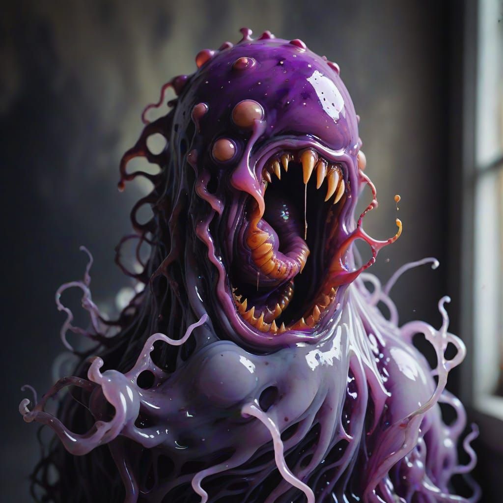 Surreal Maggot Close-Up with Purple Slime