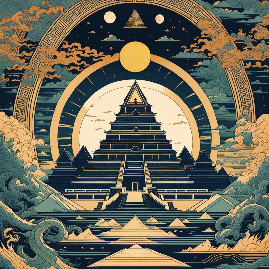 Ethereal Pyramid Eclipses Moon in Splash Art Style