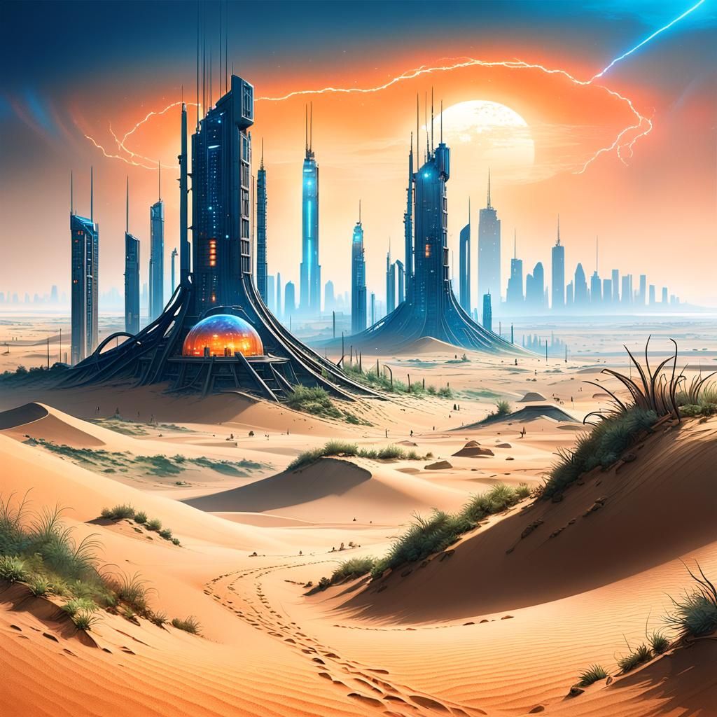 Dystopian Sci-Fi Skyscrapers in Desert Sandstorm