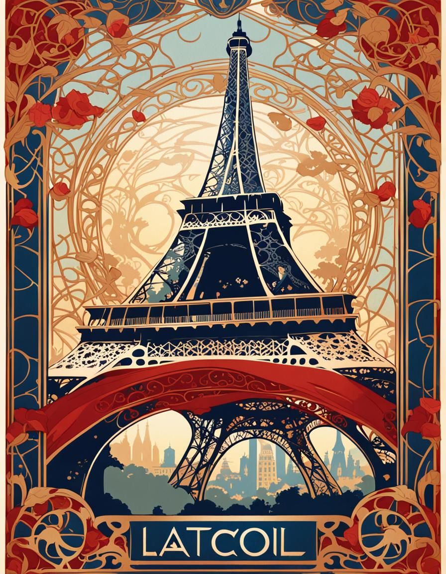 Eiffel Tower Vintage Travel Poster in Art Nouveau Style