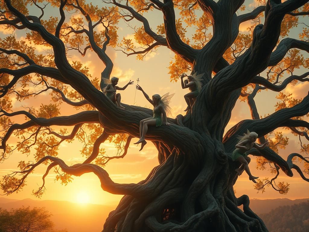 Elves Play in Ancient Tree: Detailed Matte Painting