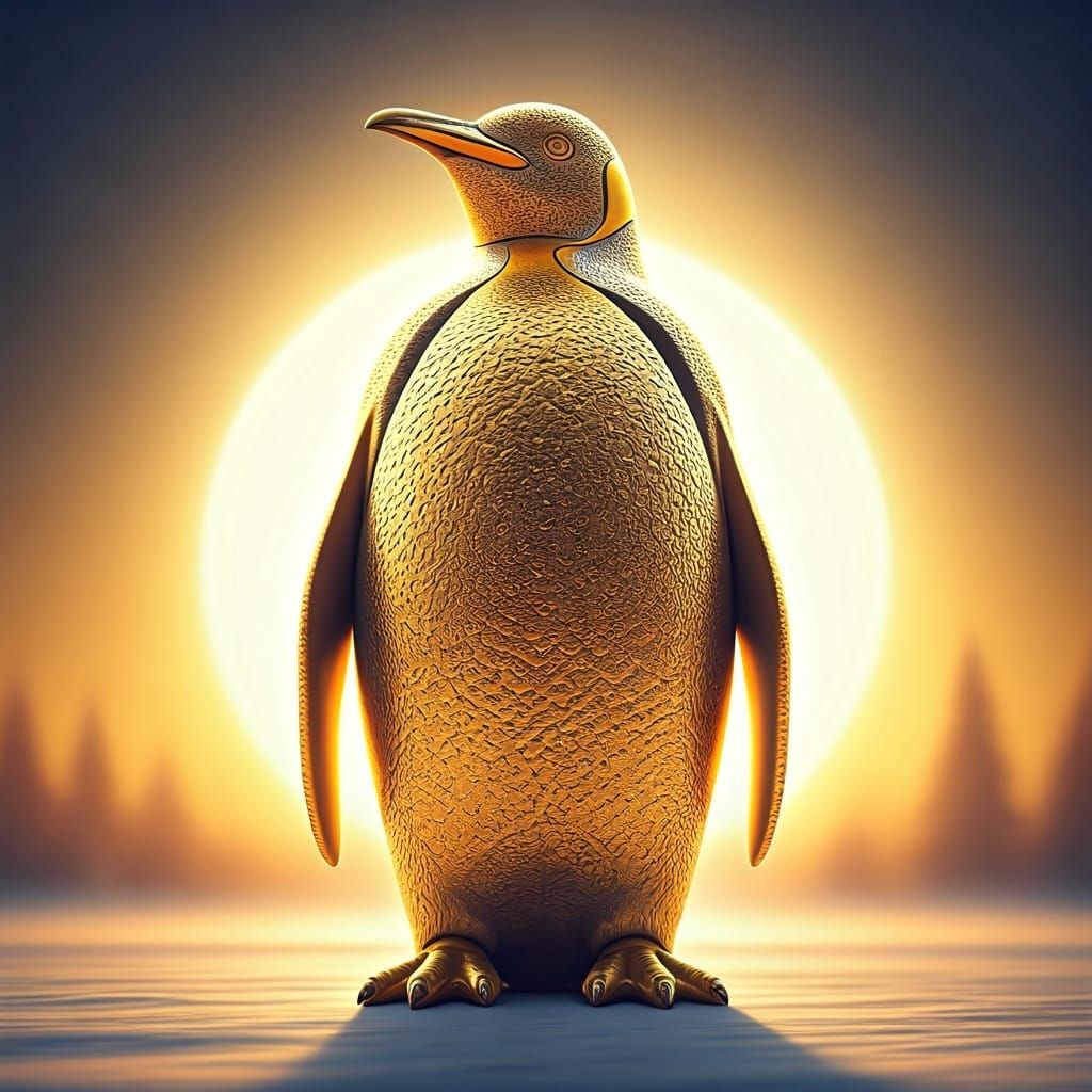 Golden Penguin Statue in Winter Town