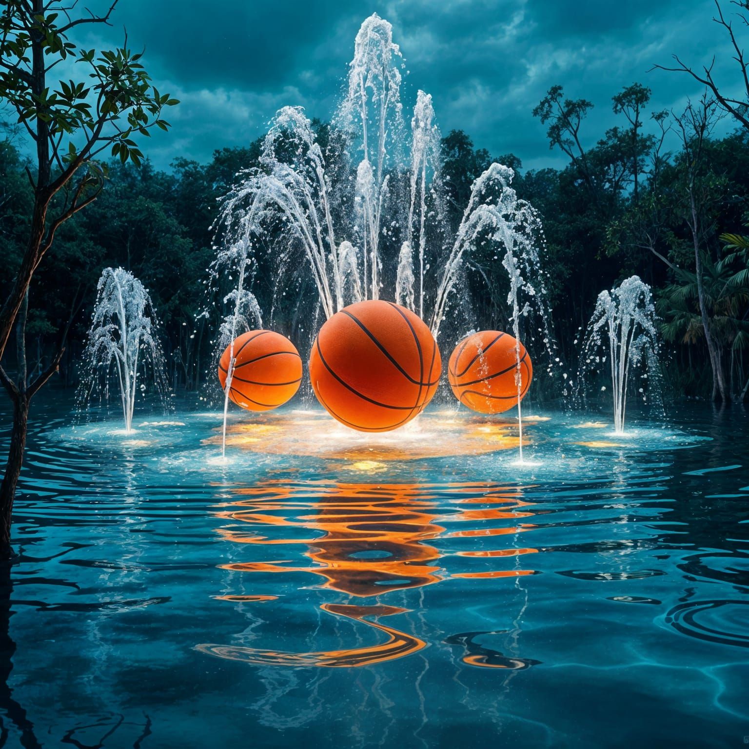 Glowing Basketball Water Fountain in Louisiana Swamp