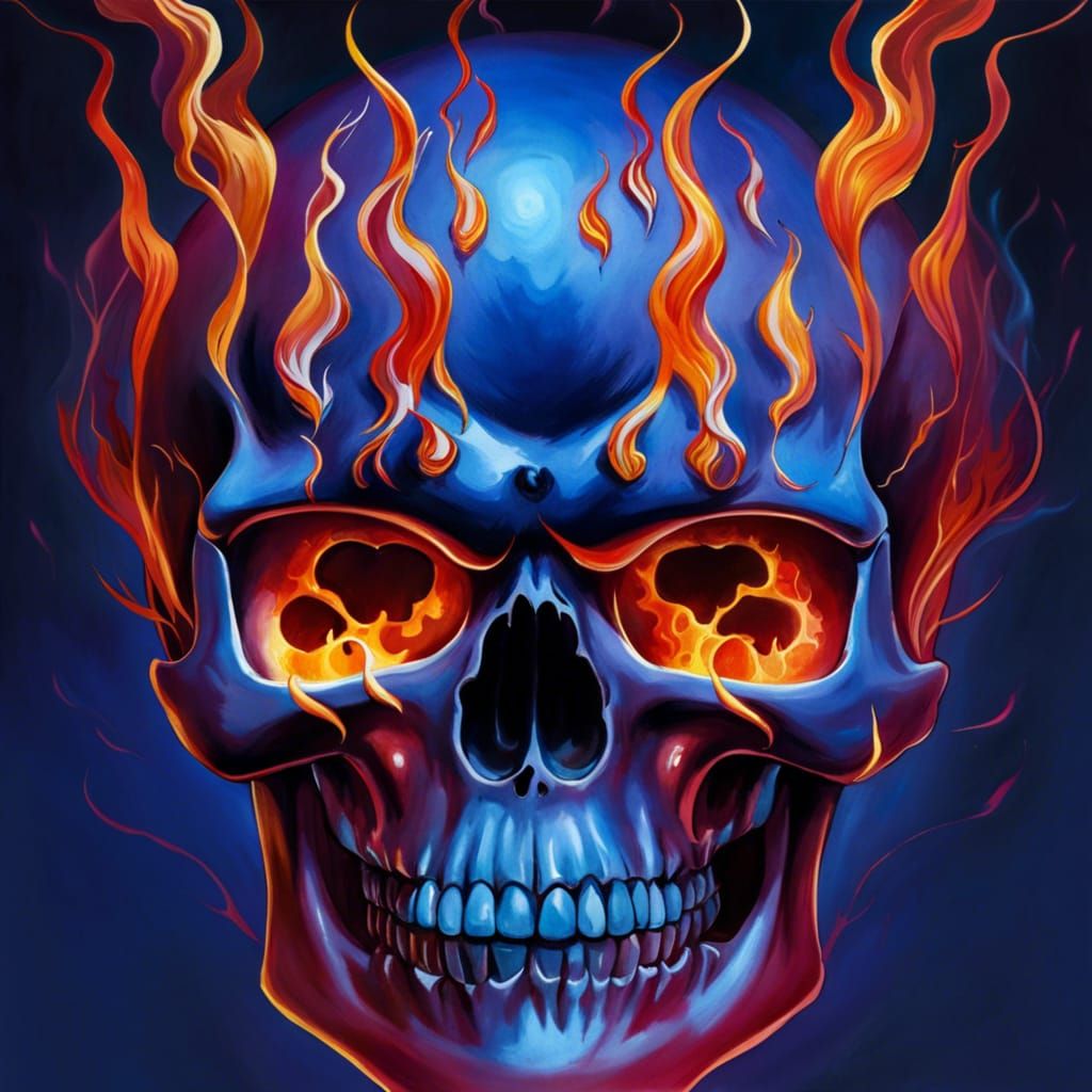 Flaming Skull Portrait in Anime Watercolor Style