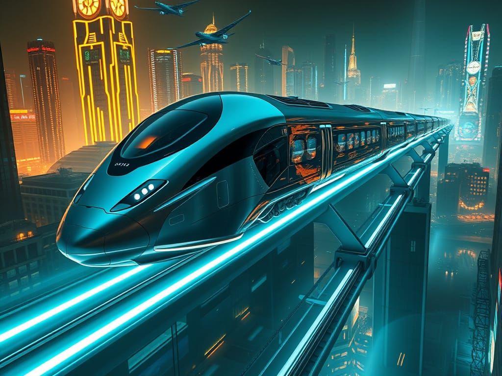 Sleek Futuristic Train Soars Above Glowing Energy Track in N...