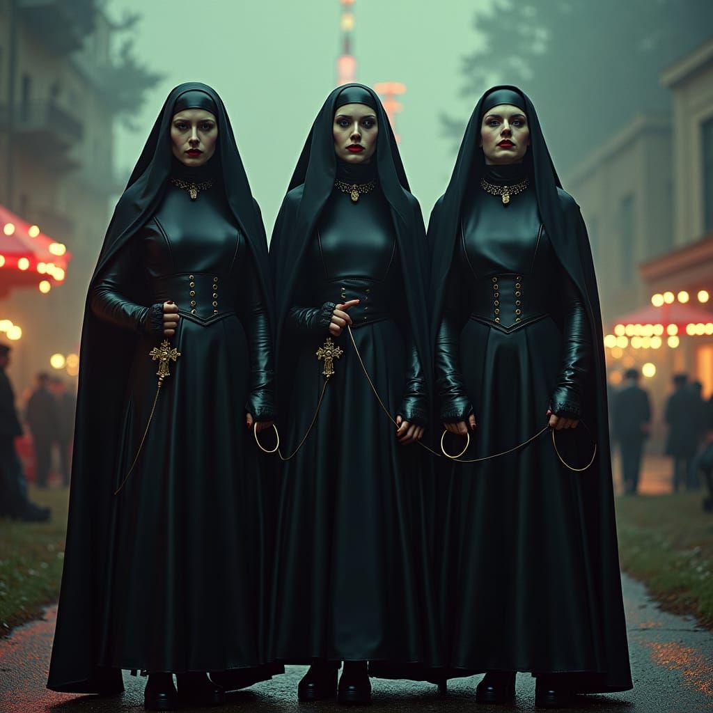Gothic Nuns with Whips: A Cinematic Fairground Scene