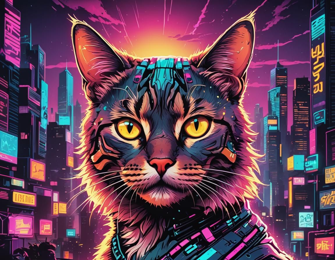 Cool Cyborg Cat Portrait in Synthwave Style