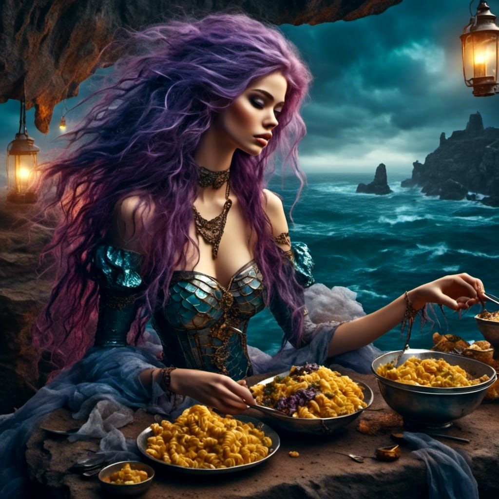 Plump Mermaid Enjoying Pasta in Stormy Cafe