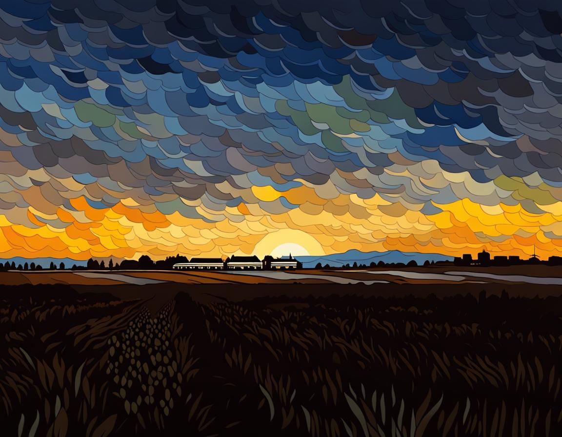 Sunset Train: A Van Gogh-Inspired Landscape