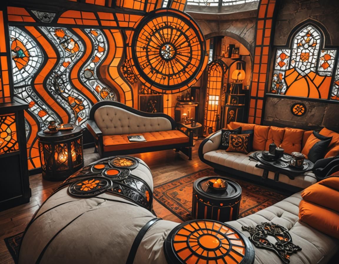 Retro-Futuristic Ottoman Living Room in Orange and Black