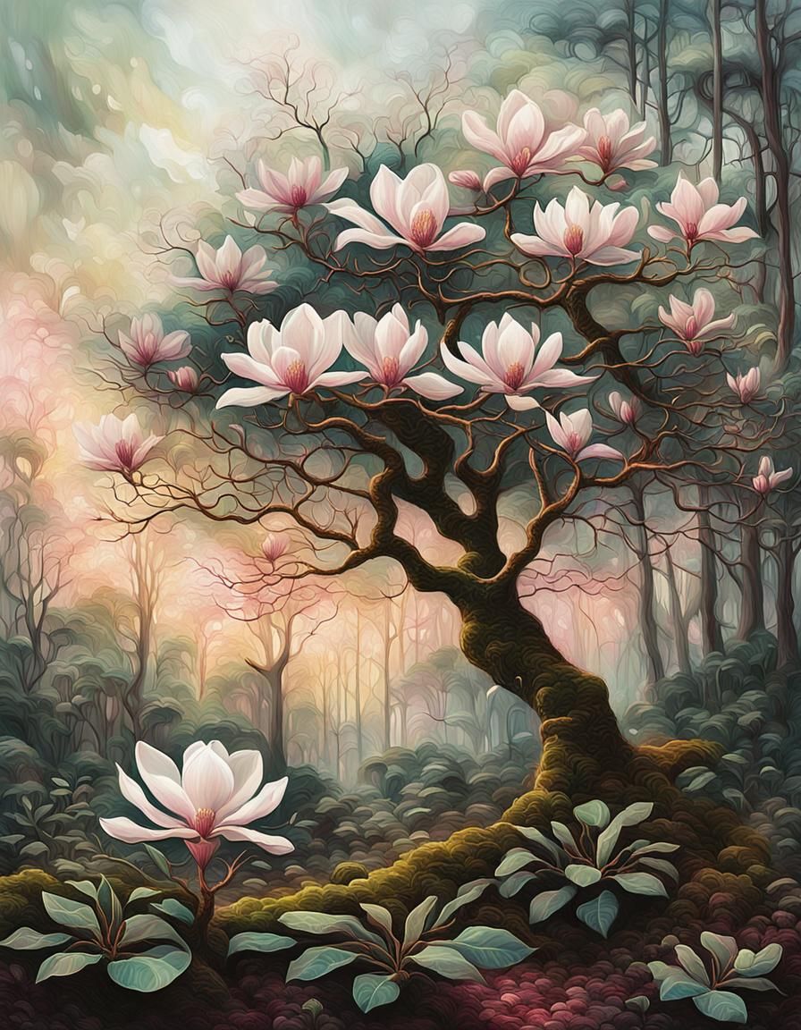 Surreal Mystical Landscape of a Magnolia Tree