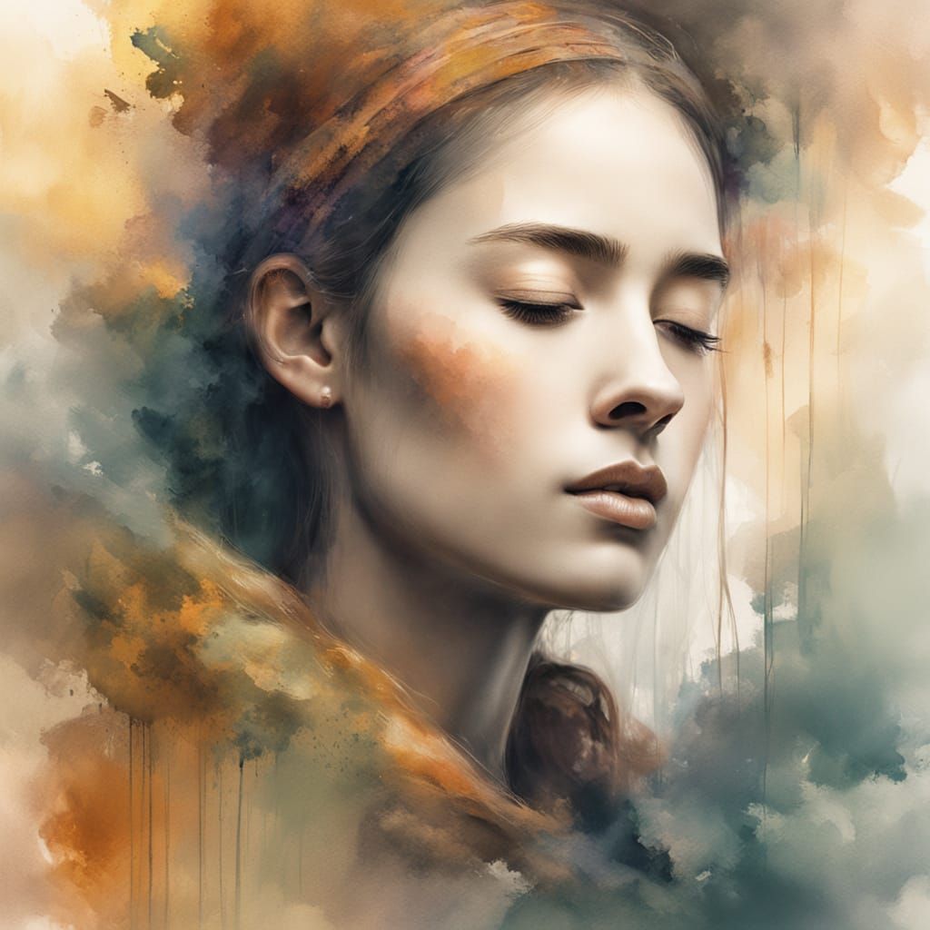 Ethereal Watercolor Portrait of a Woman with a Glowing Shado...