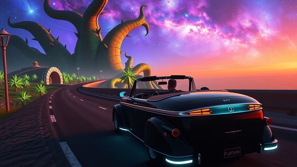 Convertible Cruises Alien Coastline with Bioluminescent Flor...