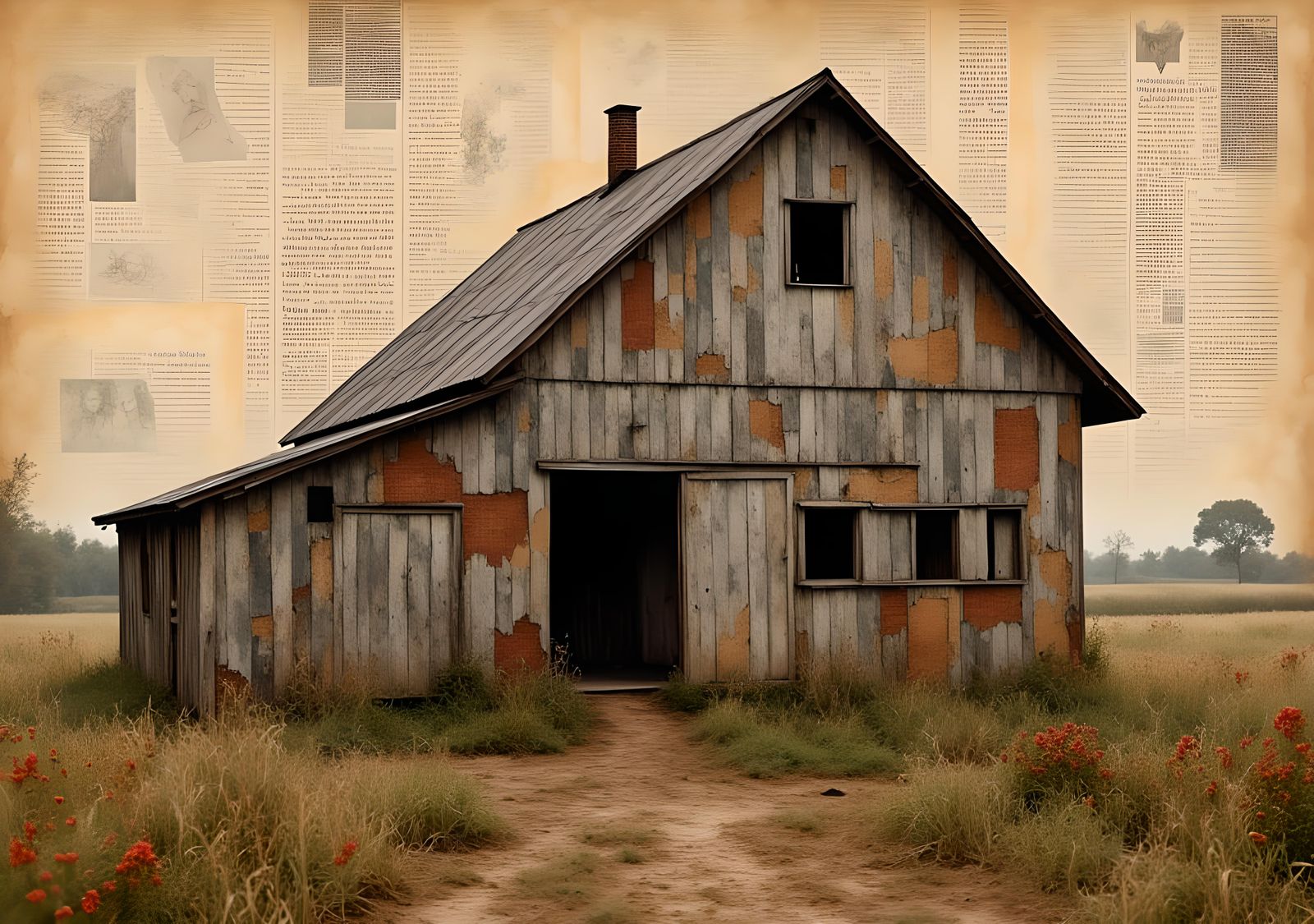 Barn Portrait in Digital Collage Art Style