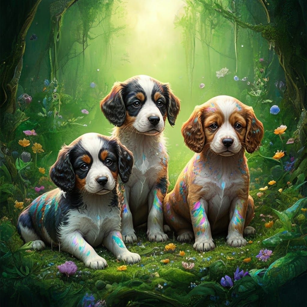 Mystical Puppies in Dreamlike Forest: Digital Art