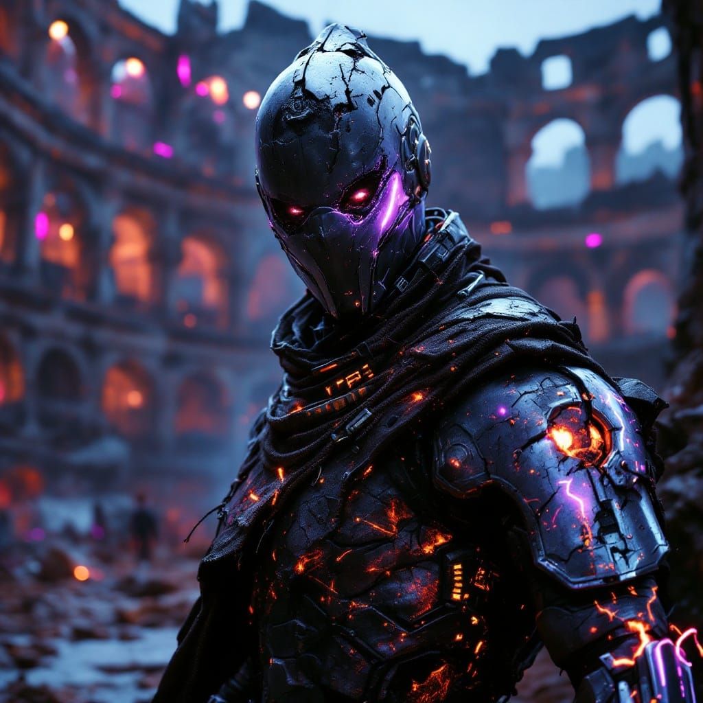 Cyberpunk Gladiator in Futuristic Colosseum