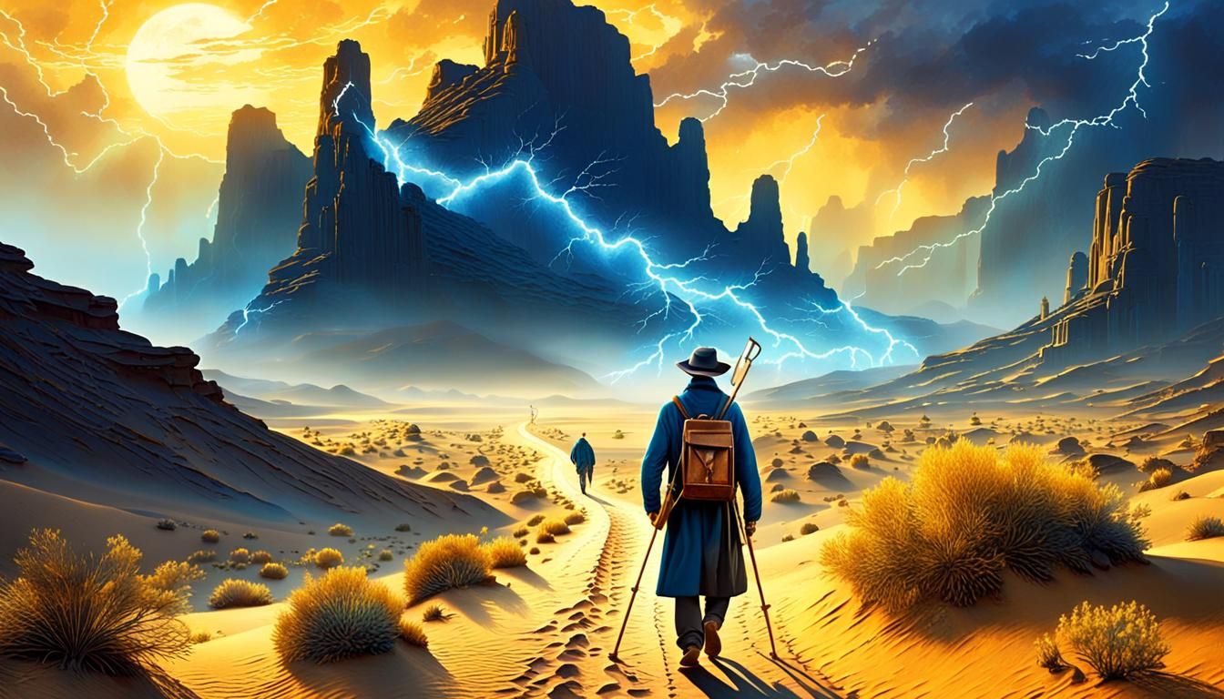 Artist's Journey Through a Glowing Desert Landscape