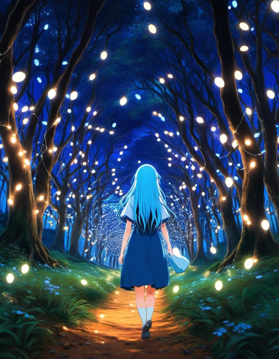 Anime Girl Searches Forest with Fairy Lights