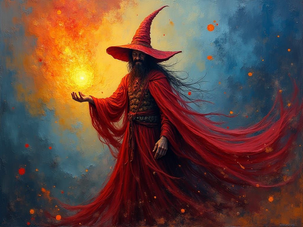 Mystical Fire Wizard in Expressionist Impasto Style